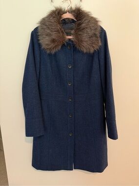 *LIKE NEW* Banana Republic Navy Wool Blend Trench Coat with Faux Fur Trim
